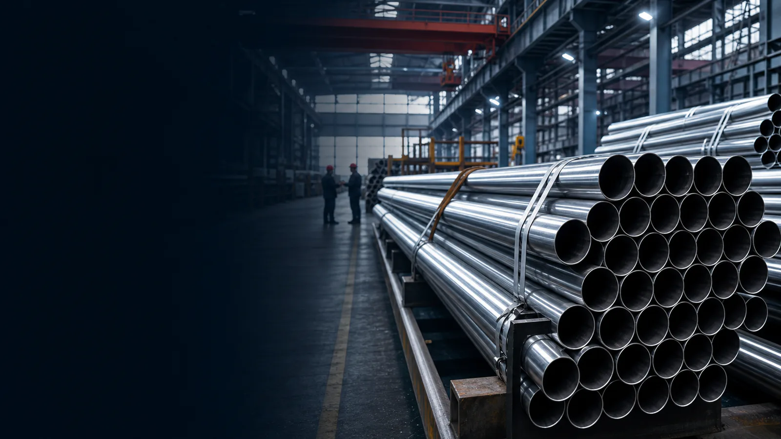 Organized steel pipe bundles inside an industrial warehouse